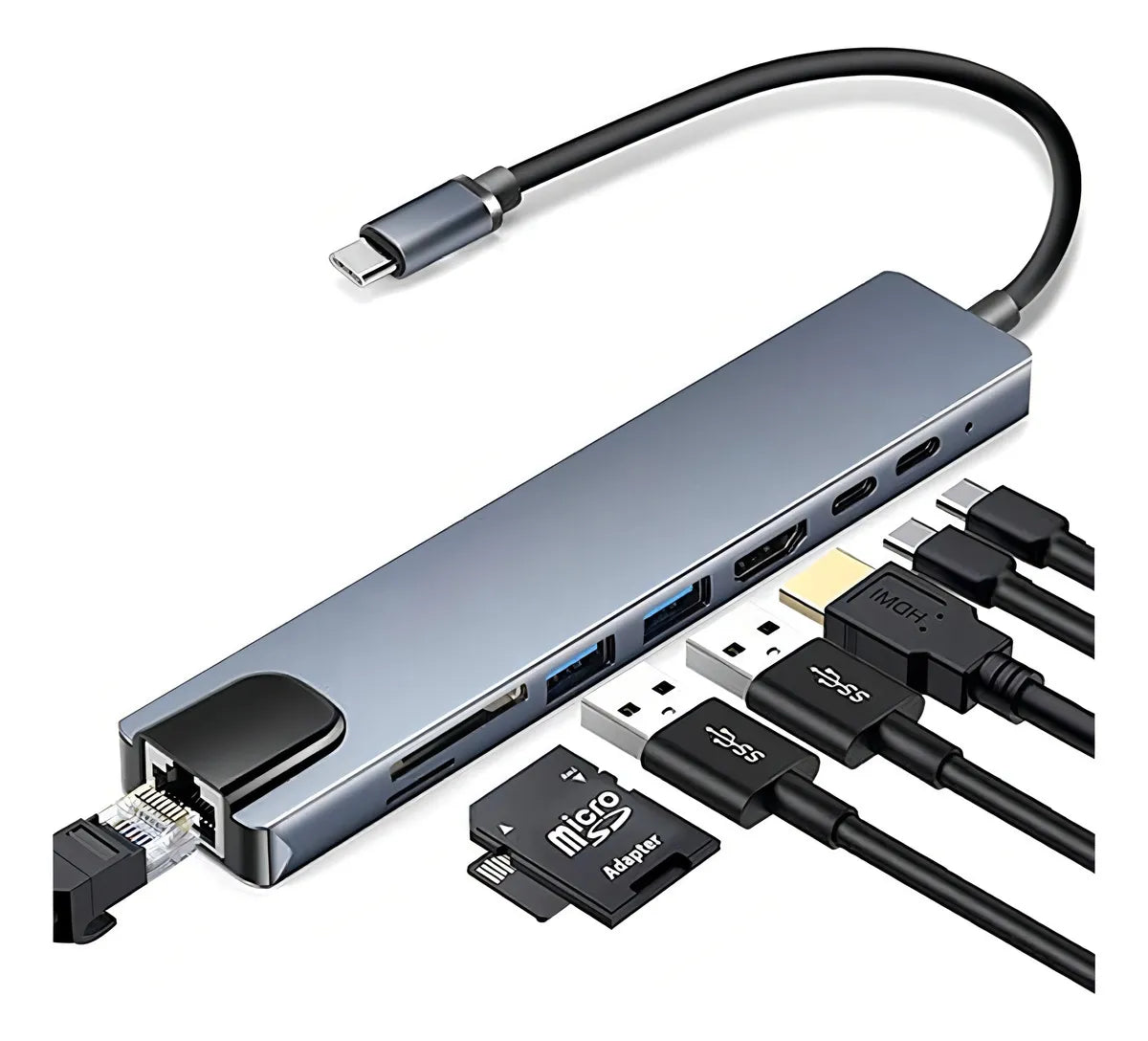 HUB MULTIPUERTO 8 EN 1 con HDMI y RJ45