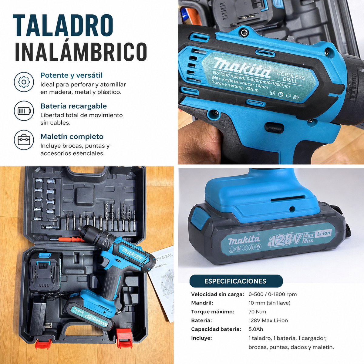 Taladro Inalámbrico 128V MAX – Kit Completo con Maletín