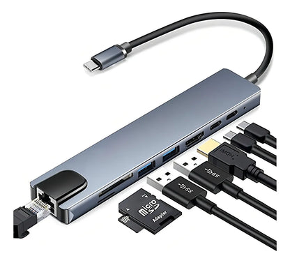 HUB MULTIPUERTO 8 EN 1 con HDMI y RJ45