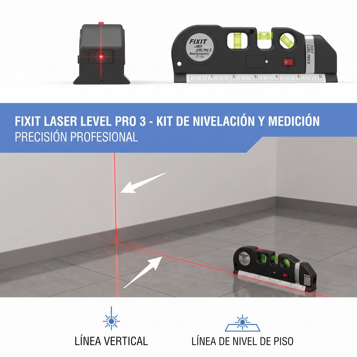 NIVEL LASER CINTA MÉTRICA CON 3 BURBUJAS