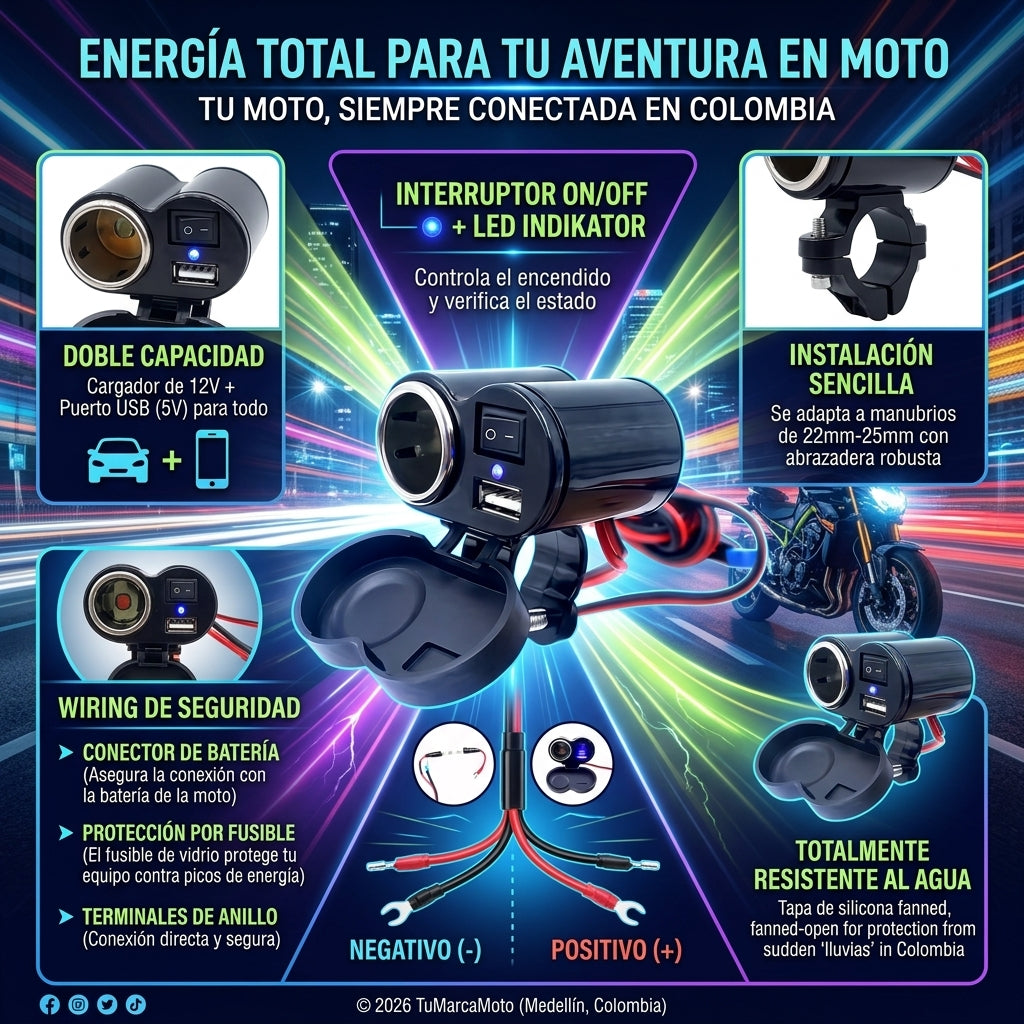 Cargador USB para Moto con Voltímetro Digital 12V