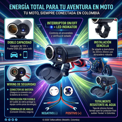 Cargador USB para Moto con Voltímetro Digital 12V