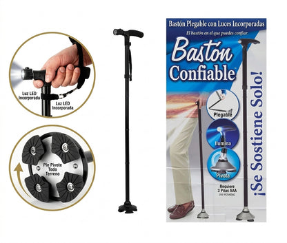 Bastón Plegable con Linterna LED y Base Articulada