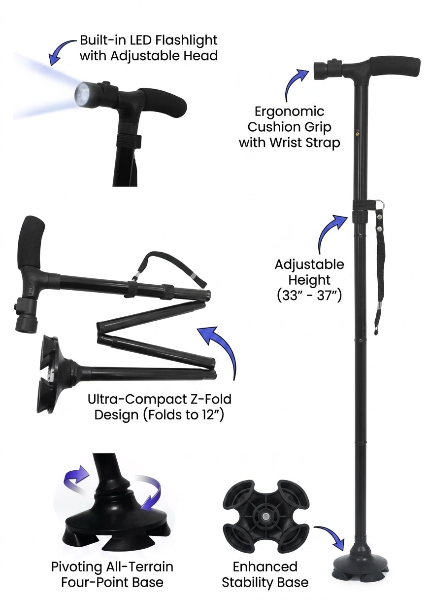 Bastón Plegable con Linterna LED y Base Articulada