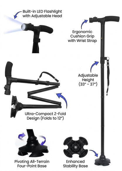 Bastón Plegable con Linterna LED y Base Articulada