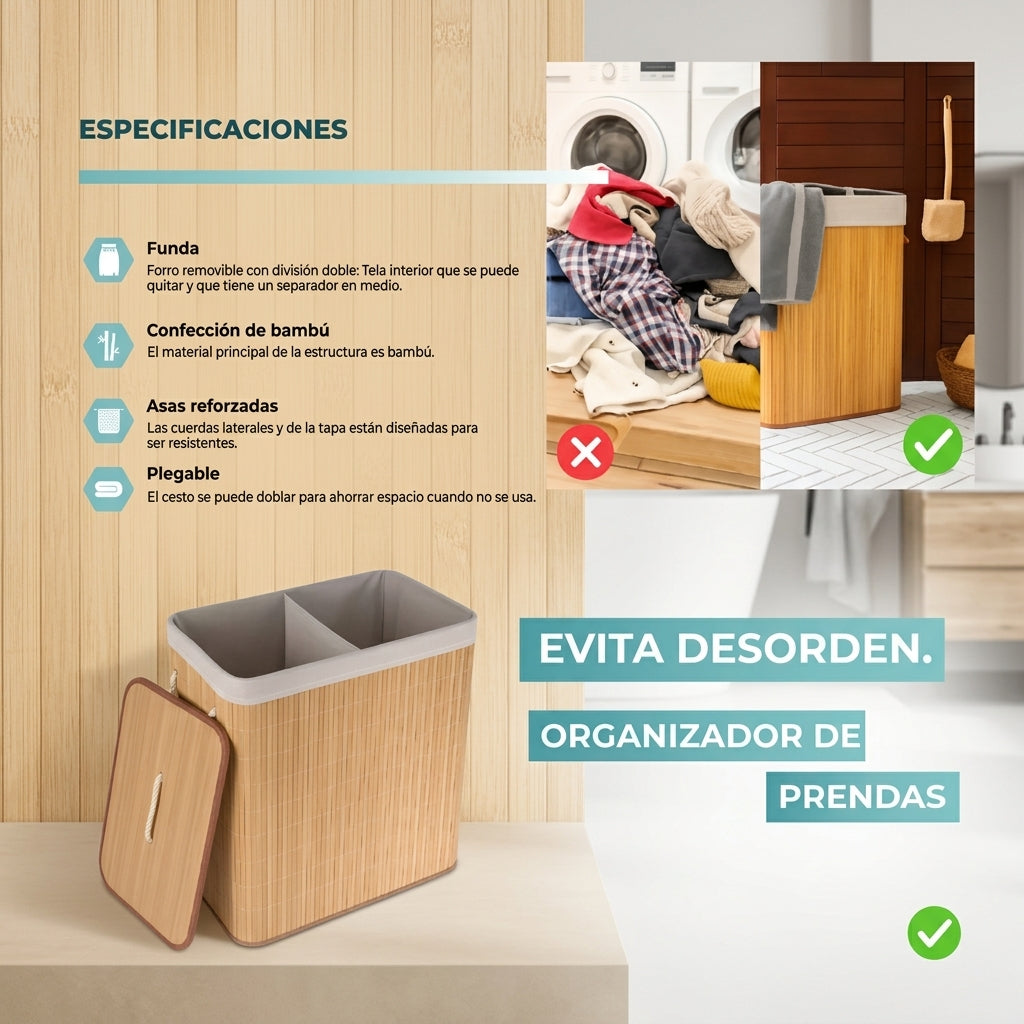 Cesta Doble De Ropa Con Forro Bambu
