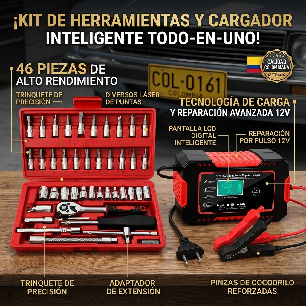 Combo Cargador Inteligente 12V + Juego de Rachets 46 Piezas
