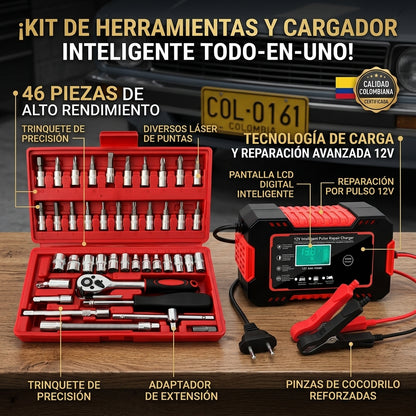 Combo Cargador Inteligente 12V + Juego de Rachets 46 Piezas
