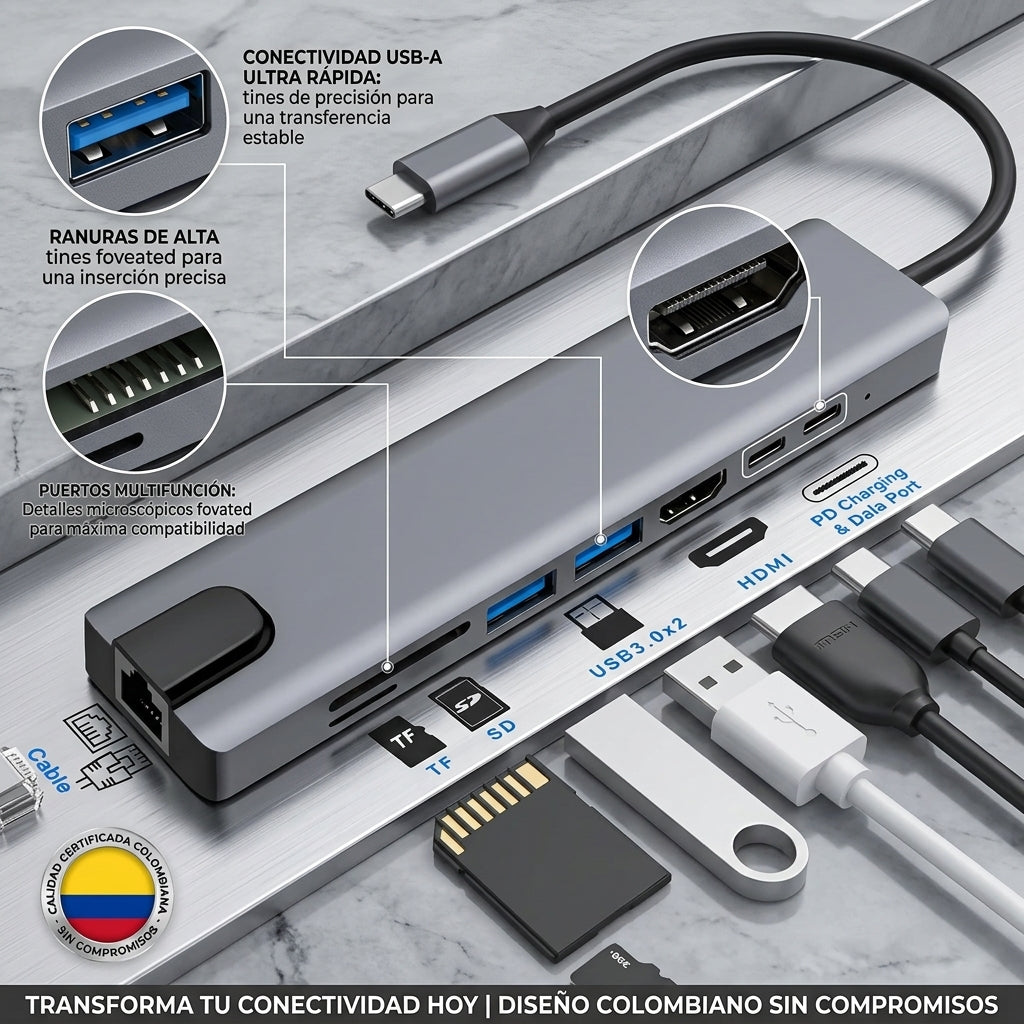 HUB MULTIPUERTO 8 EN 1 con HDMI y RJ45