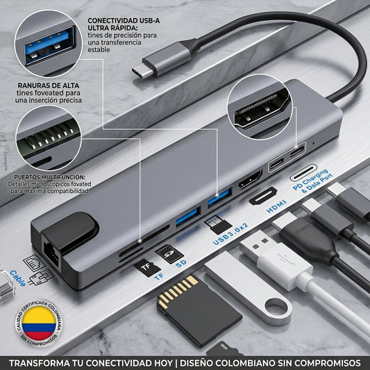 HUB MULTIPUERTO 8 EN 1 con HDMI y RJ45