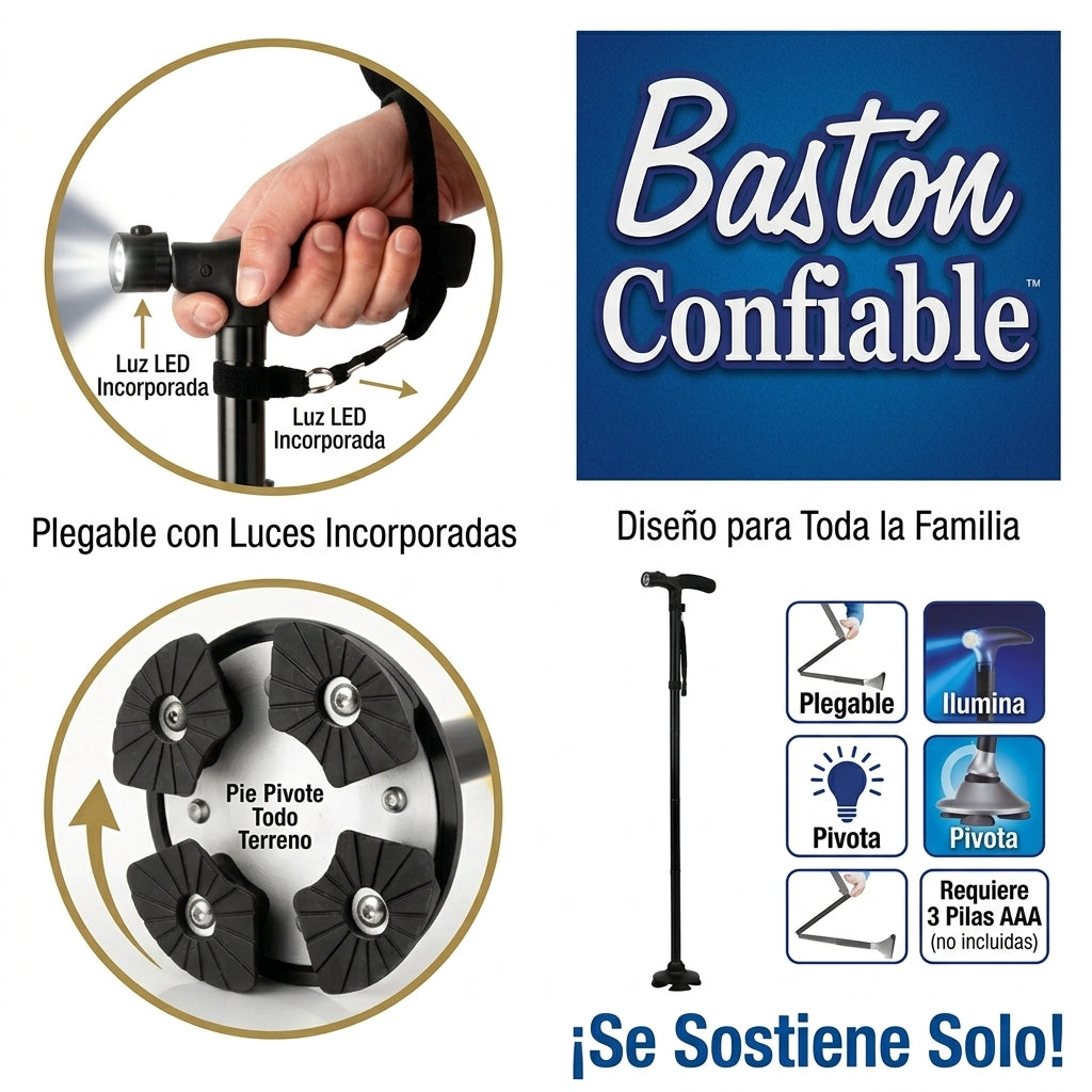 Bastón Plegable con Linterna LED y Base Articulada