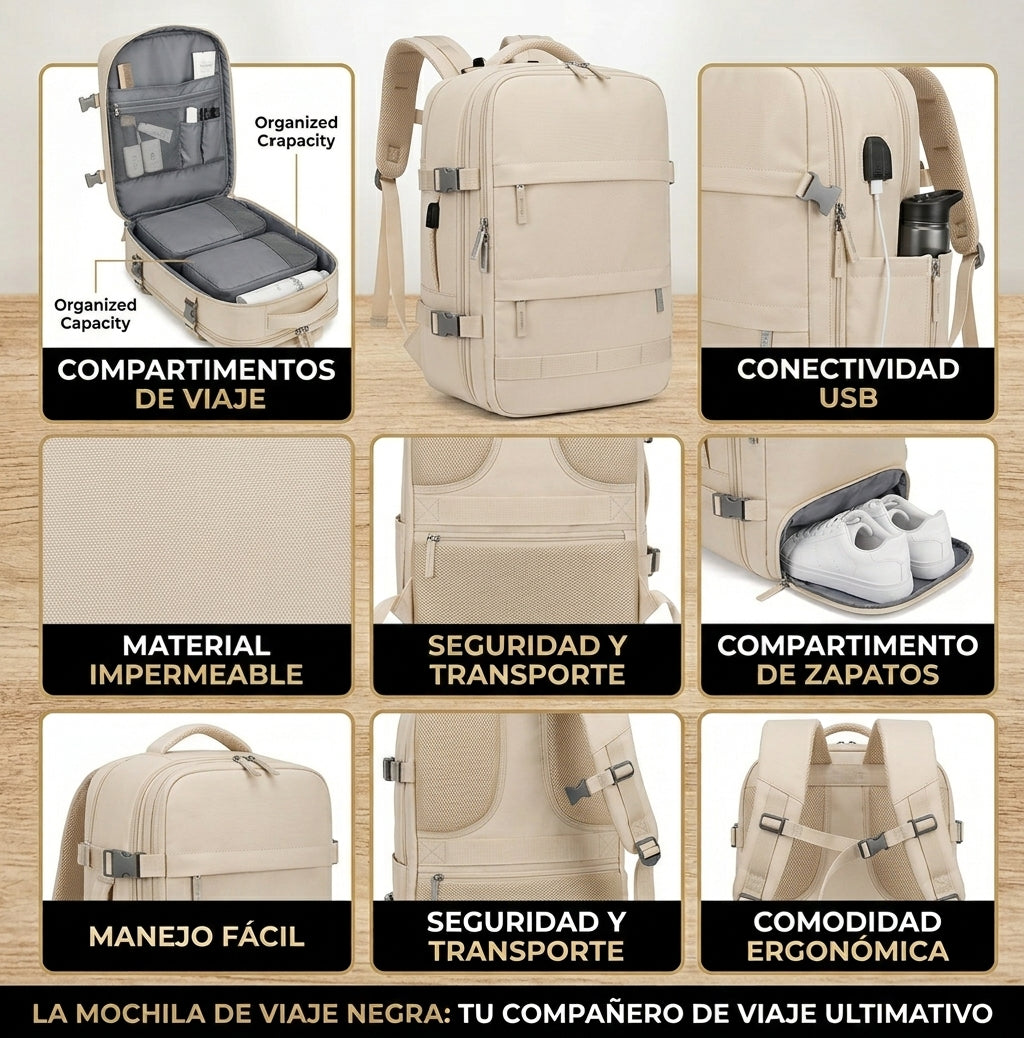 Mochila de Viaje Grande Multifuncional con Compartimento para Zapatos y Puerto USB