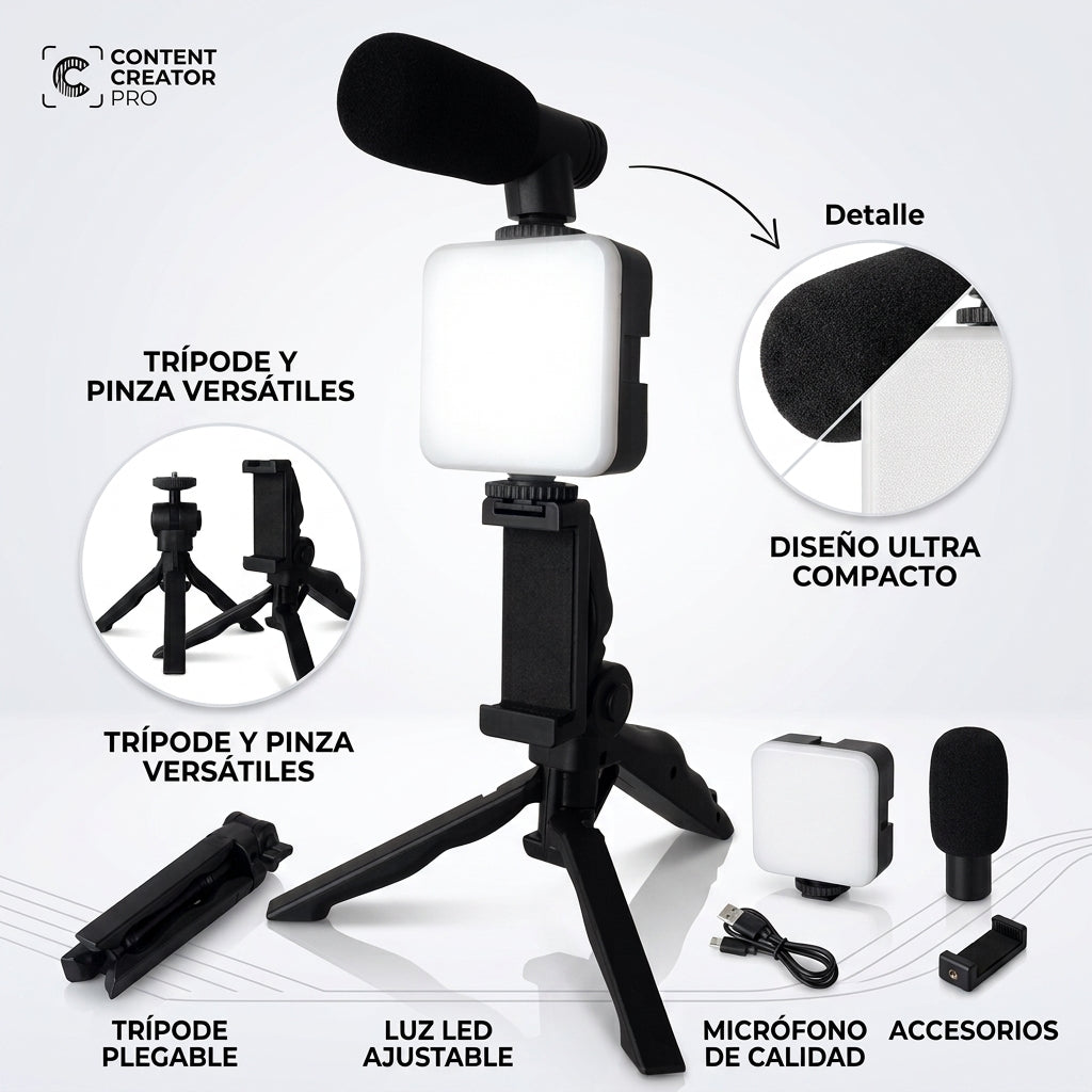 Kit de Video con Mini Trípode, Luz LED y Soporte para Celular