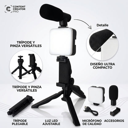 Kit de Video con Mini Trípode, Luz LED y Soporte para Celular