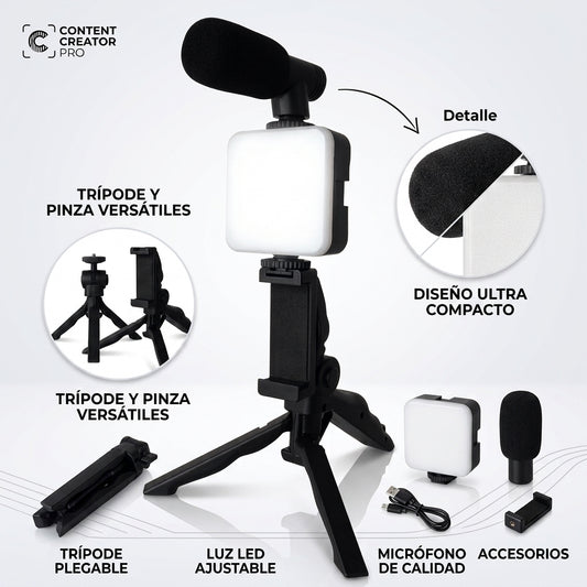 Kit de Video con Mini Trípode, Luz LED y Soporte para Celular