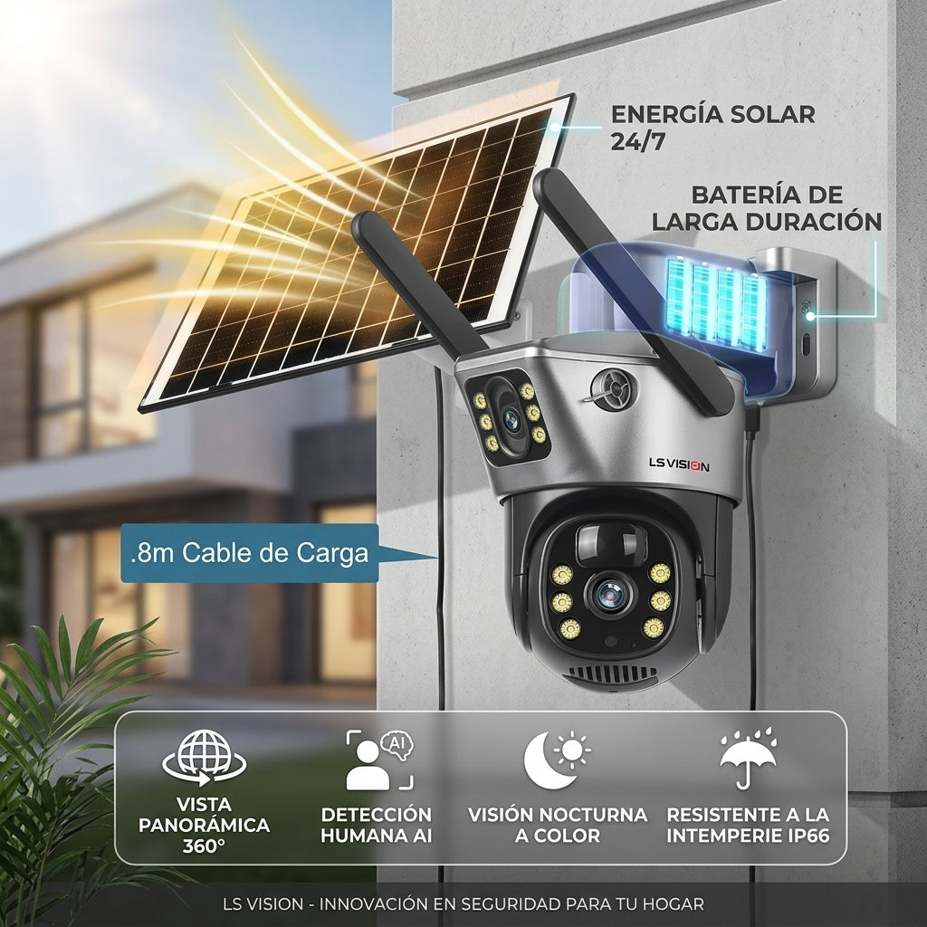 Cámara de Seguridad Solar WiFi 360° – Vigilancia HD para Exteriores