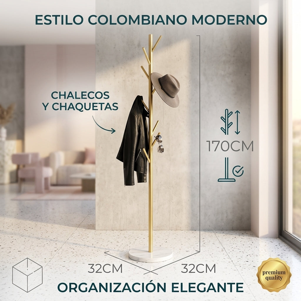 Perchero de Pie Twimo con Base Tipo Mármol – 8 Ganchos