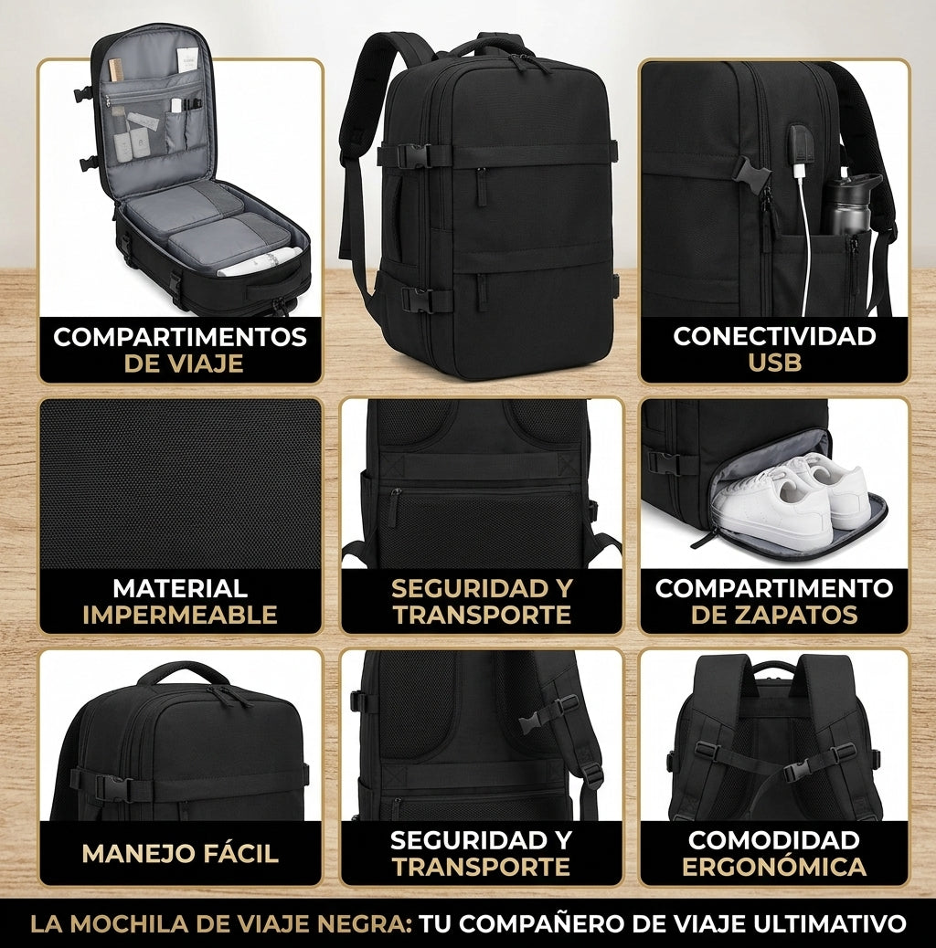 Mochila de Viaje Grande Multifuncional con Compartimento para Zapatos y Puerto USB
