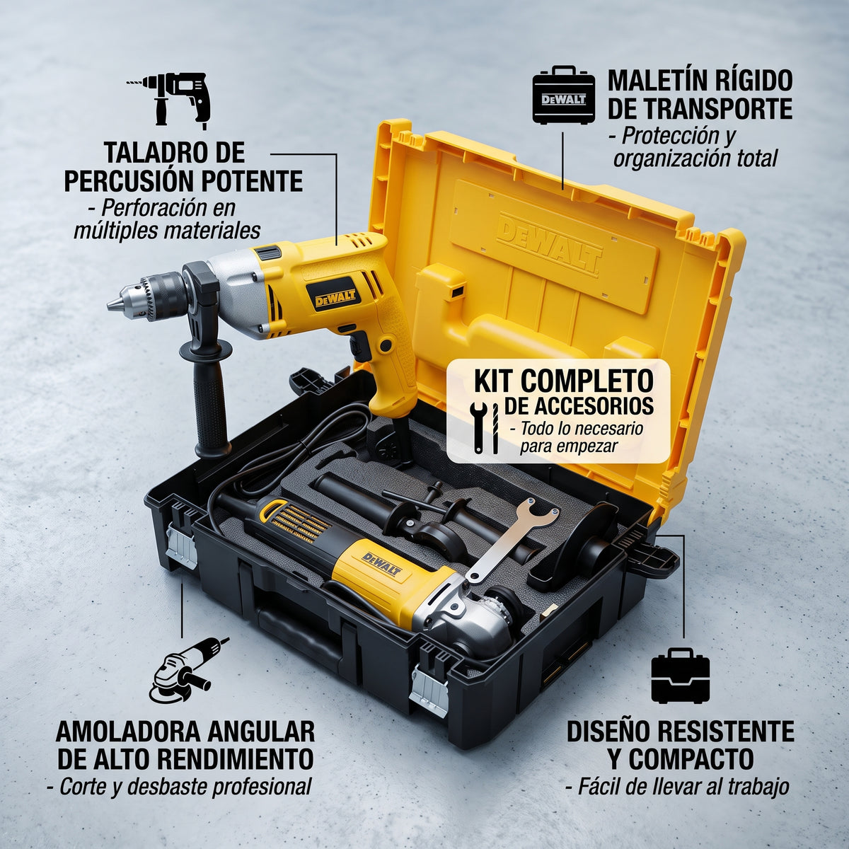 KIT TALADRO PERCUTOR + PULIDORA